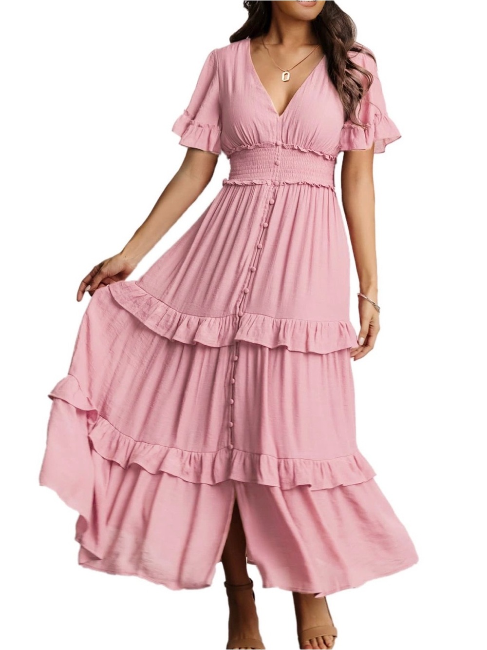 Amegoya Pink V-Neck Boho Maxi Dress Tiered Ruffle Sleeve Cottagecore NWT
